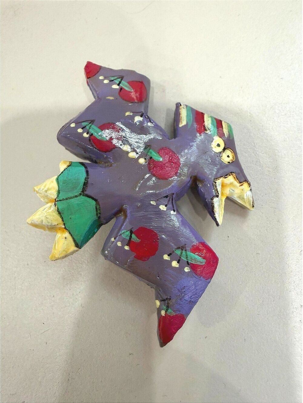 Hand-Painted Purple Bird Brooch with Cherry Design